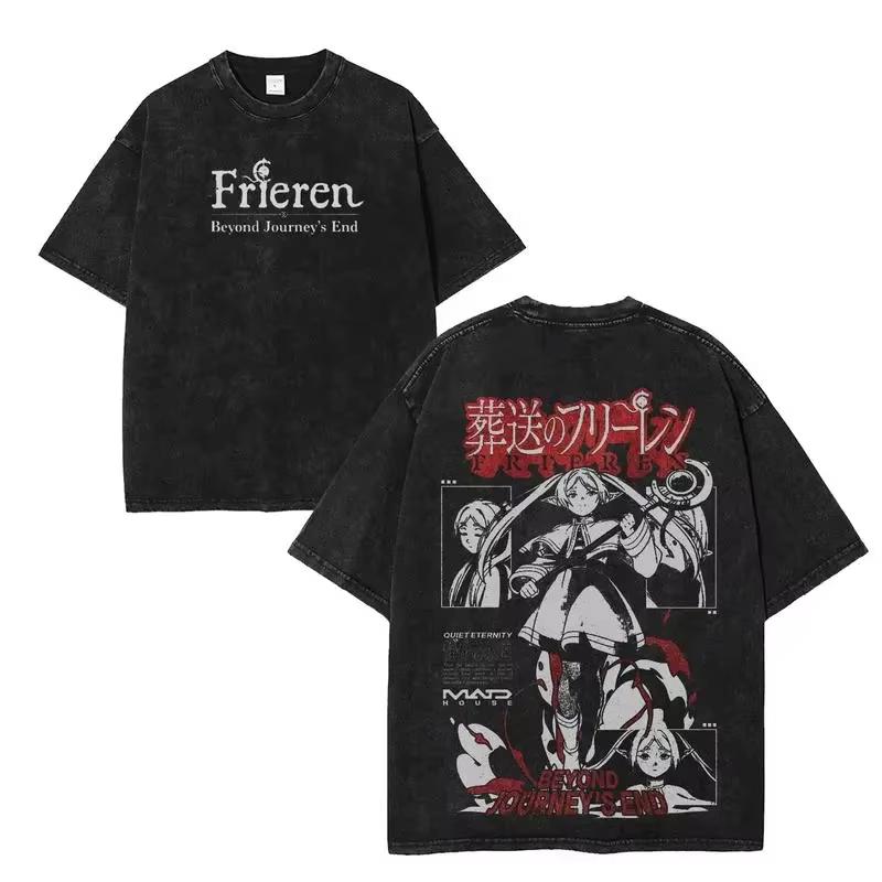 Gothic Washed Frieren Beyond Journey's End Printed T‑Shirt Anime Manga Retro Graphic Oversized Short Sleeve Casual Streetwear Cotton Tee For Men Women