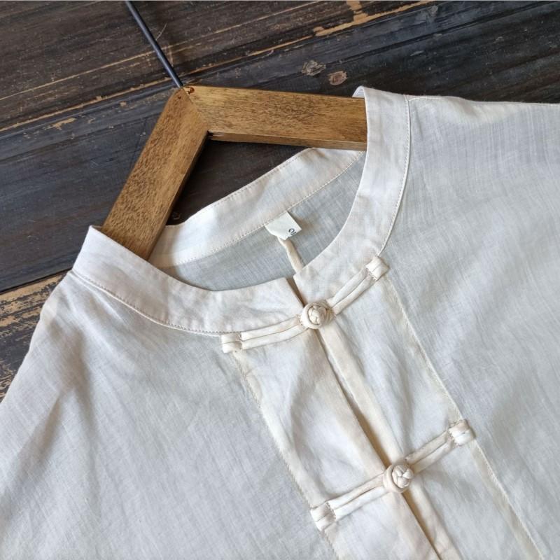 Johnature Dámské košile v čínském stylu Stojáček Dlouhý rukáv Knoflíkové topy Podzim Jednobarevné Vintage Dámské halenky