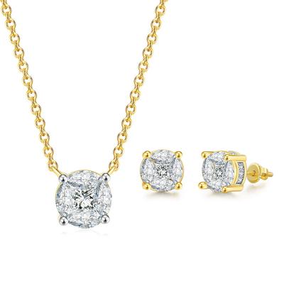 Simple Four-Claw Round Zircon Necklace, Threaded Earrings For Women, Color Separation Gold-Plated Engagement Jewelry Set