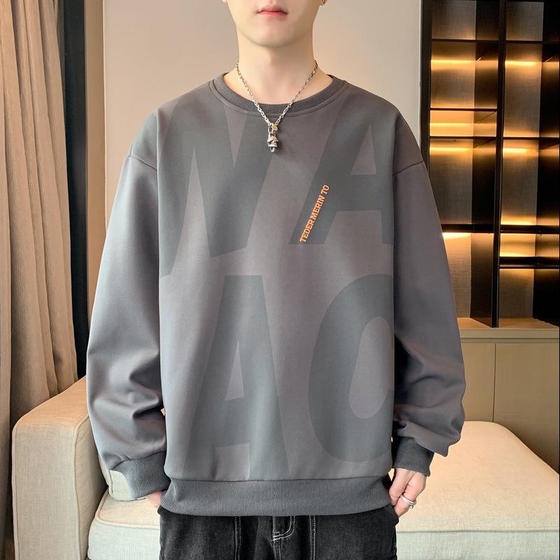 Herren Frühling und Herbst Neues Unterhemd Langarm T-Shirt Rundhalsausschnitt Bedruckt Übergröße Herren Top