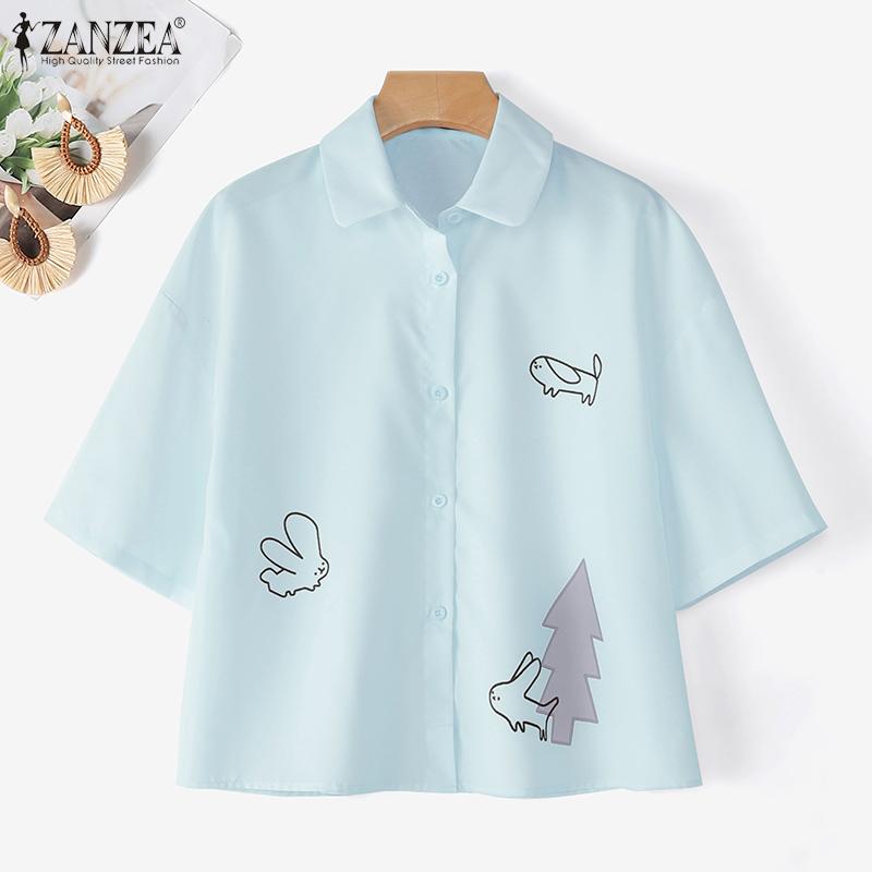 ZANZEA Damen Umlegekragen Sommer Casual Kurzarm Bluse