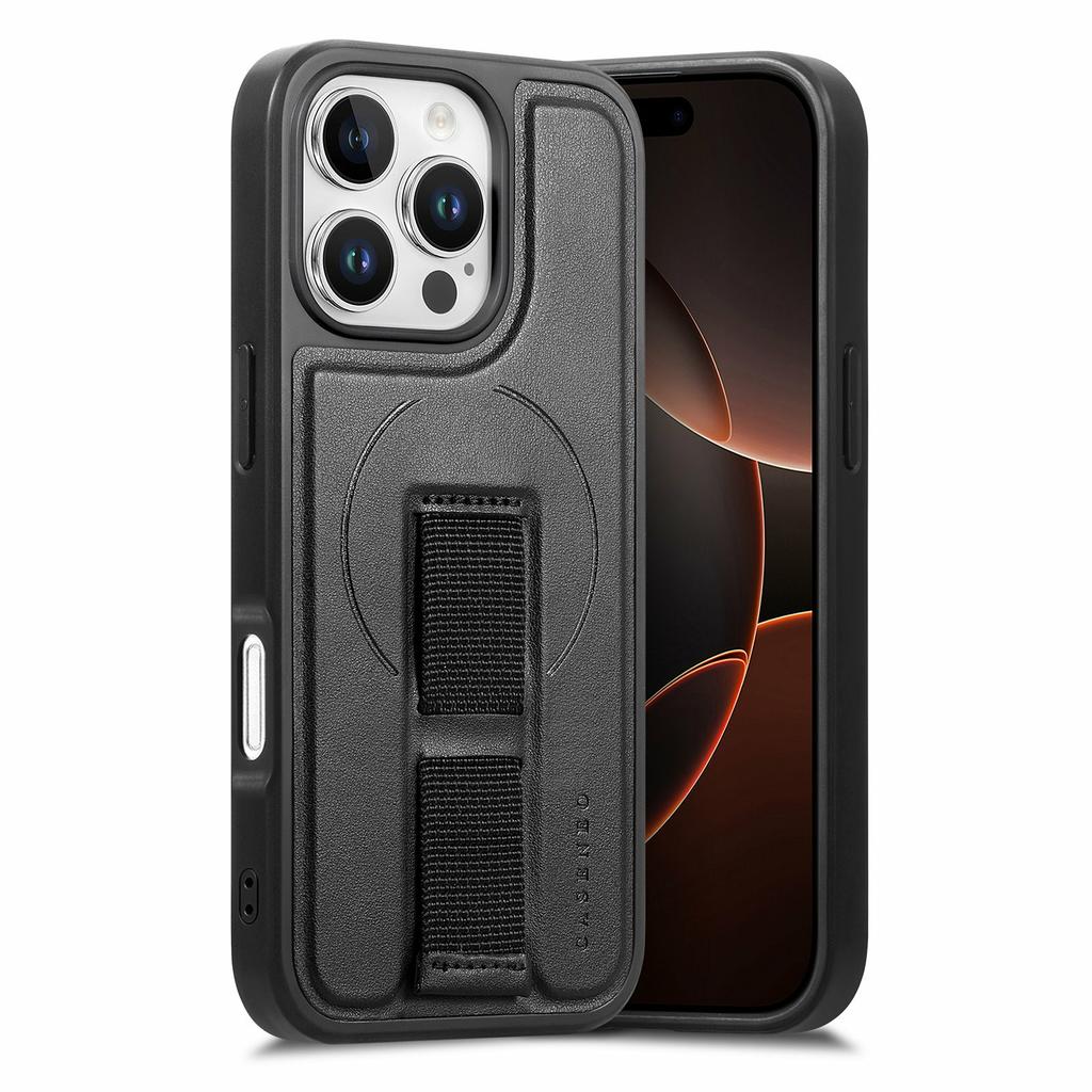 CASENEO For iPhone 16 Pro Max Magnetic Case Hand Strap Design PU Leather+PC Phone Cover