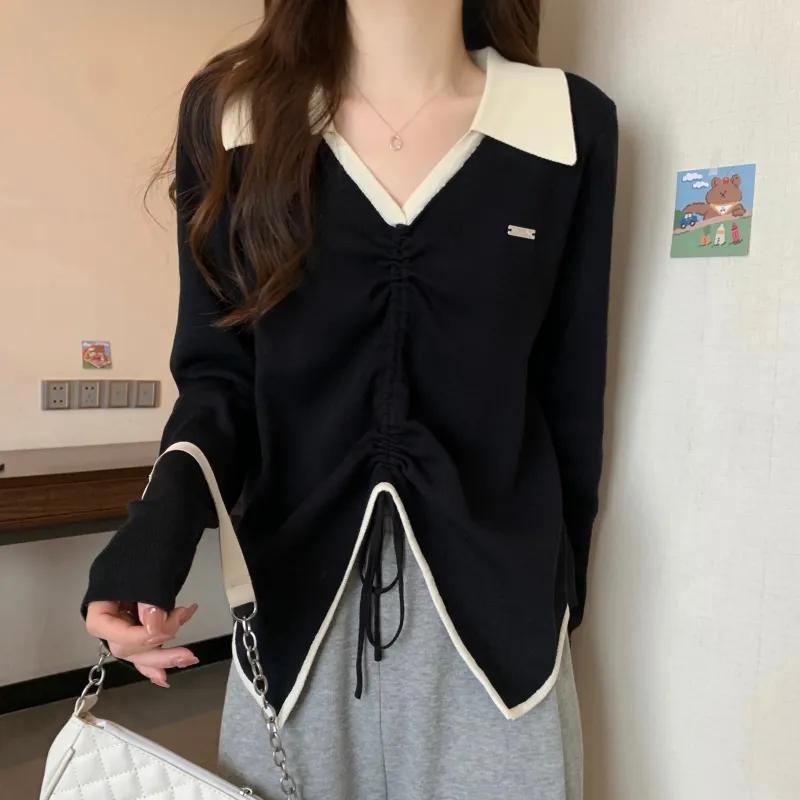 

Женский короткий вязаный топ с нерегулярным дизайном и кулиской для весны и осени XS чёрный