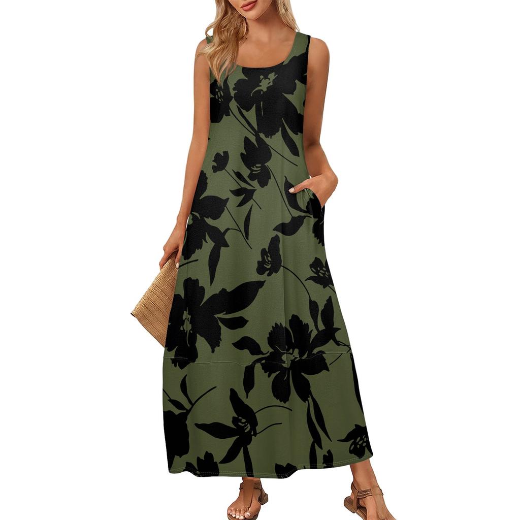 Women's Summer Fashion Round Neck Sleeveless Beach Dress Vintage Floral Printed Dresses