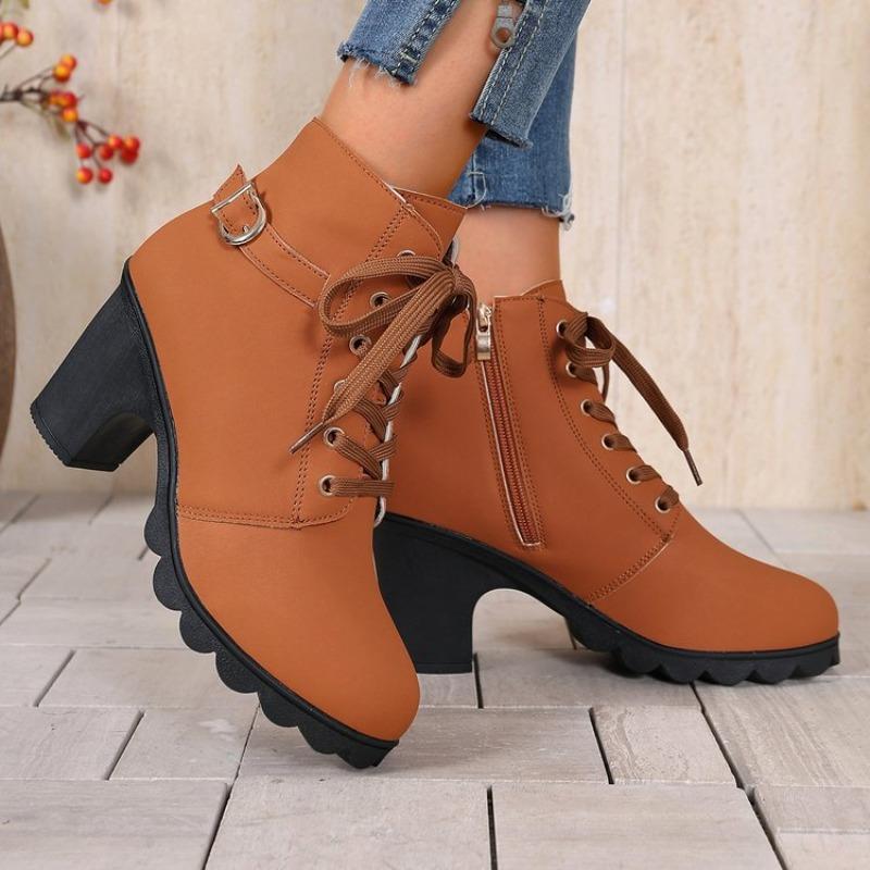 Coarse Heel Short Boots Round Head Lace-up and Bare Boots New High Heel Side Zipper Martin Boots Women's Single Boots Belt