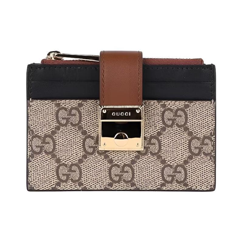 Gucci GG Supreme Brand Logo Print, Metal Hardware Decoration, Leather Card Holder, Regular Women's Model, Beige and Ebony