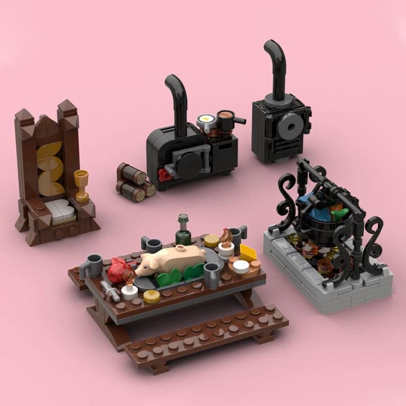 MOC Medieval Street View Scene Building Blocks Castle Bedroom Crossbow Siege Hammer Bulletin Board Sign Laboratory Bricks Gifts