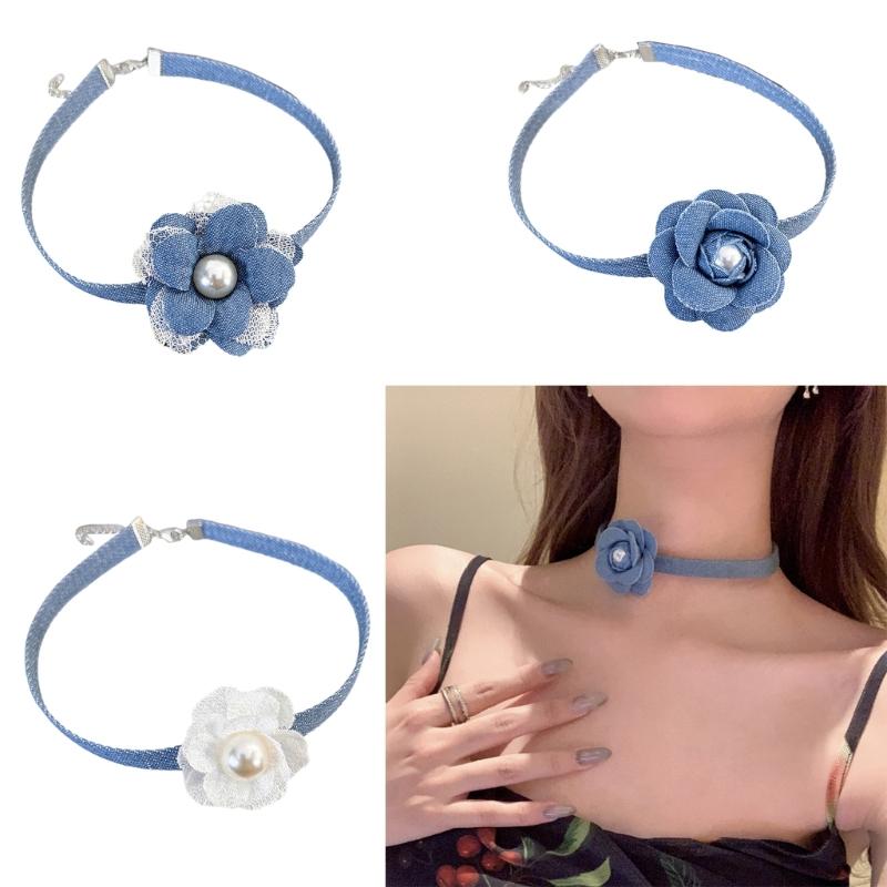 Elegante Collana Floreale in Jeans Blu Collare a Fiore 3D Catena con Lacci Choker Collane Tendenza Estiva Gioielli per la Clavicola