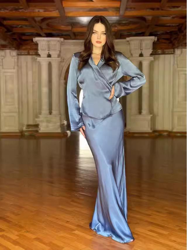 2024 Elegant Satin V-Neck Long-Sleeve Top & A-Line Half Skirt Set