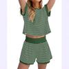 Women's Blue White Stripe Short Sleeve Crop Top and Shorts Set