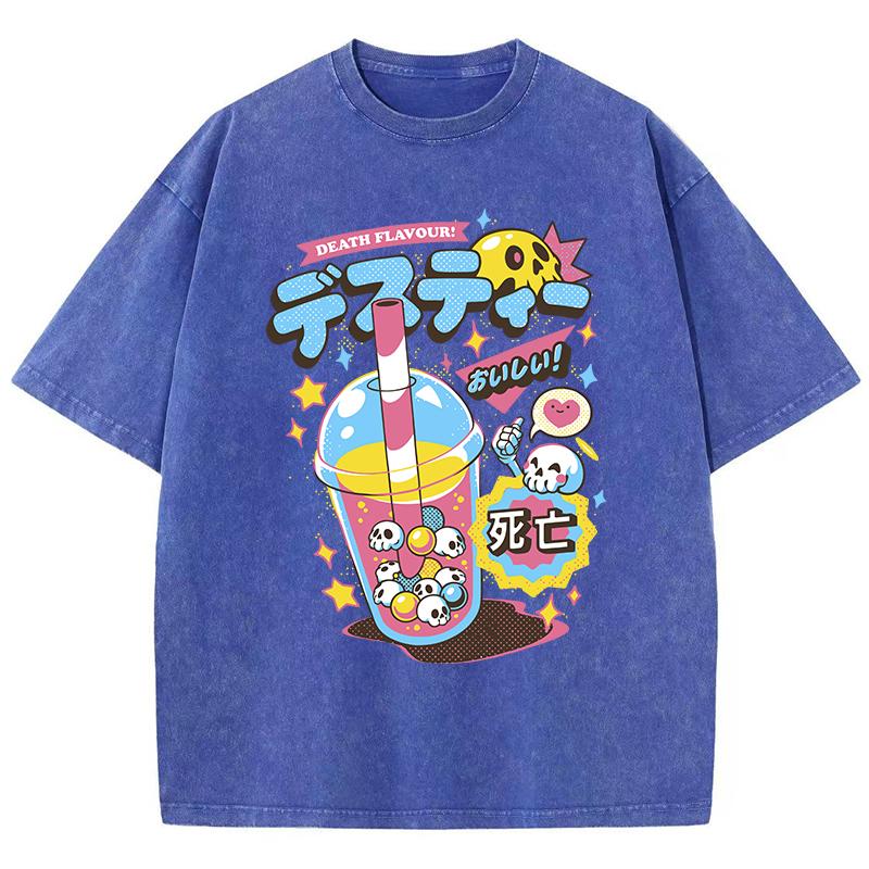 Fashion Woman Washed T-Shirts Funny Skull Drink Printing Short Sleeve Cotton Distressed Oversize Crewneck Tops Clothes