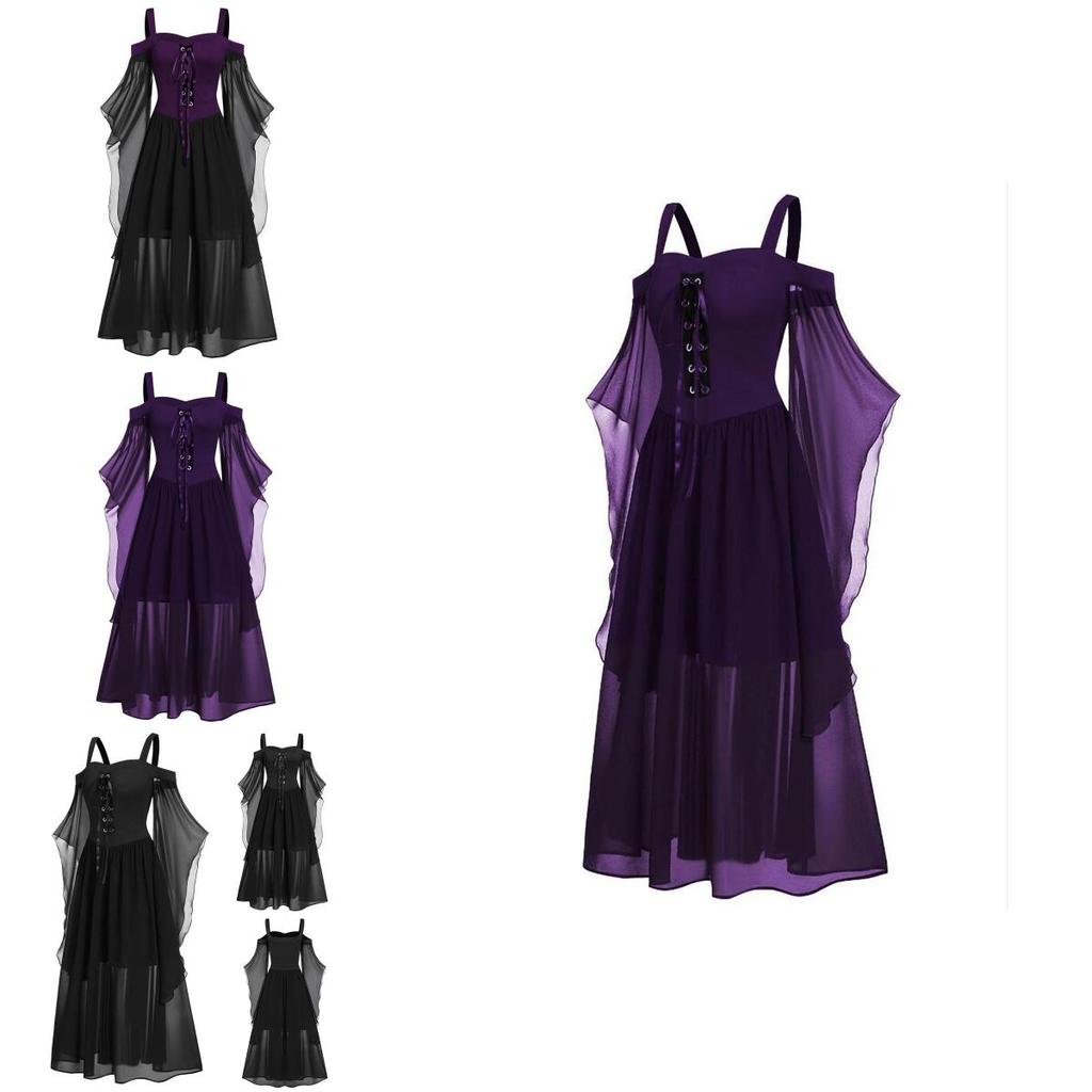 Halloween Witch Dress Gothic Medieval Cosplay Costume Off Shoulder High Quality Polyester Fabric