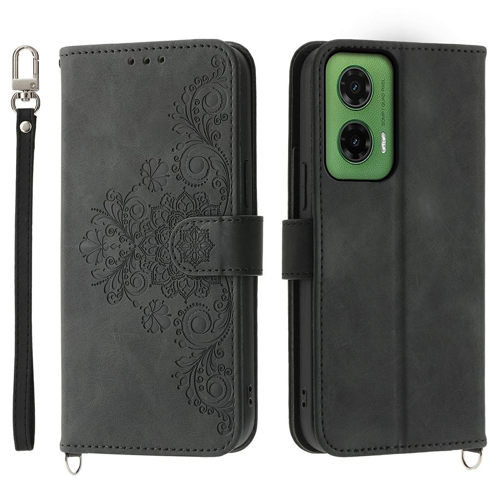 For Motorola Moto G35 5G Case Flower Pattern PU Leather Wallet Phone Cover with Strap