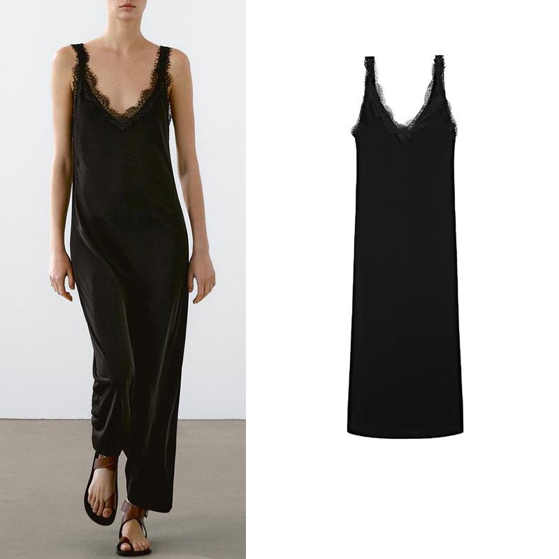 MD Summer New Arrival Women's Black Sexy Lace Neckline Elegant Long V Neck Vest Dress 6657805