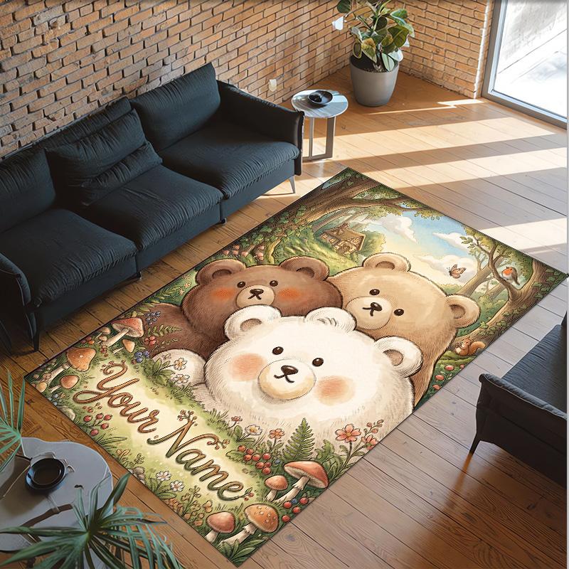 Teddy Bear Theme Crystal Velvet Rug Personalized Custom Name Text Soft Floor Mat Home Decor