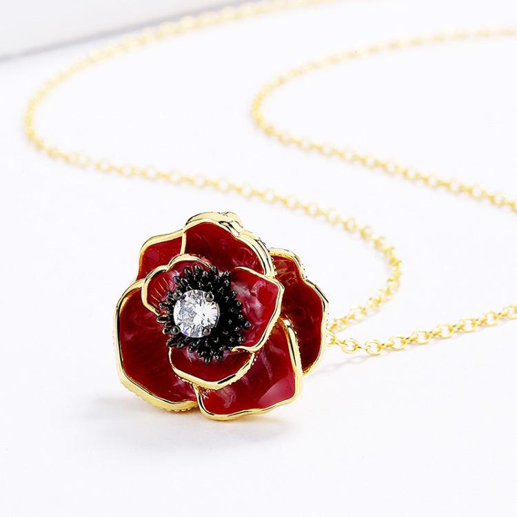 Exquisite Rote Epoxidblume Anhänger Damen Handgefertigt Emaille Halskette Pulloverkette Damenschmuck