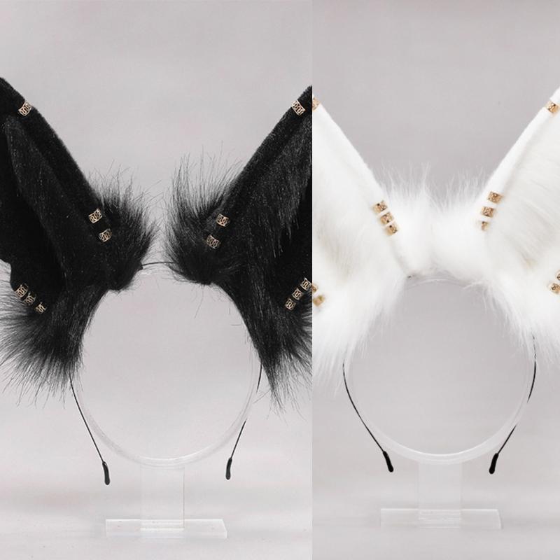 Lolita Plush Hair Hoop Wolf Ears Headwear with Metal Ring Furry Headband Cute Anime Fancy Dress Cosplay Accessories