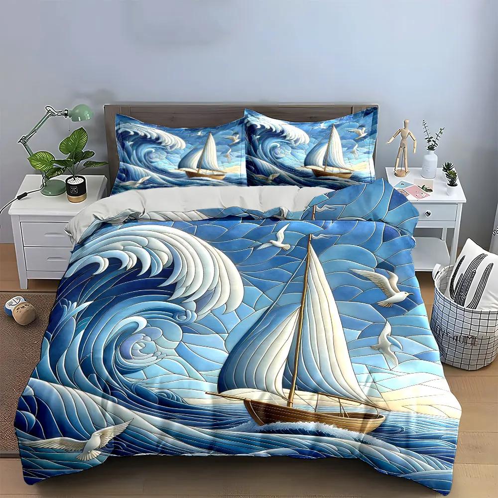 Sailing Art Three-Piece Set Soft Comfortable Duvet Cover Bedding Set Included 1*Duvet Cover & 2*Pillowcases gift