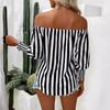 Women's Fashion Loose Strapless Lantern Sleeve Asymmetric Hem Striped Shirt