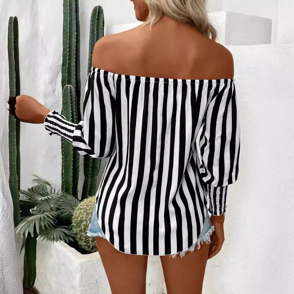 Women's Fashion Loose Strapless Lantern Sleeve Asymmetric Hem Striped Shirt