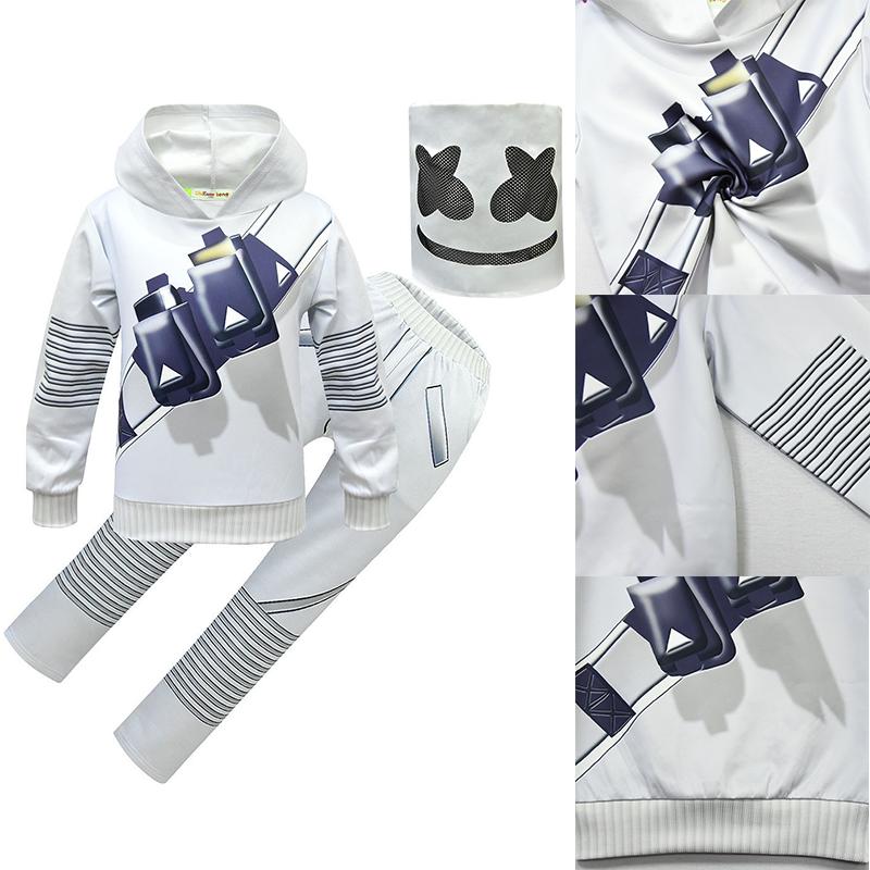 Marshmallow Dj Cosplay Costume Kids Hoodie  Pants Mask Fancy Dress Set Clothes