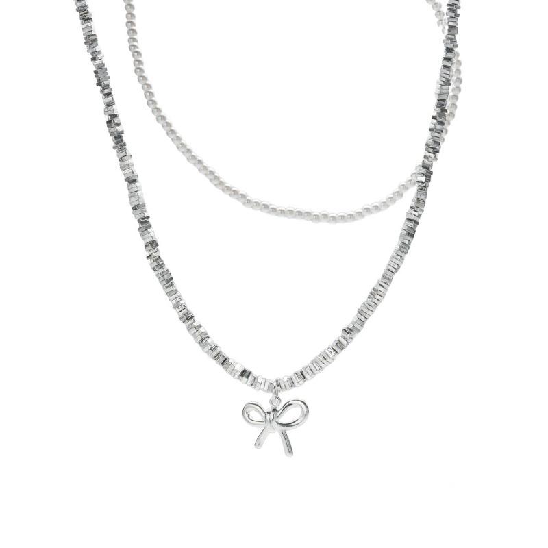 New Bow Necklace Women's Simple and High-end Retro Double-layered Design Imitation Pearl Collarbone Chain