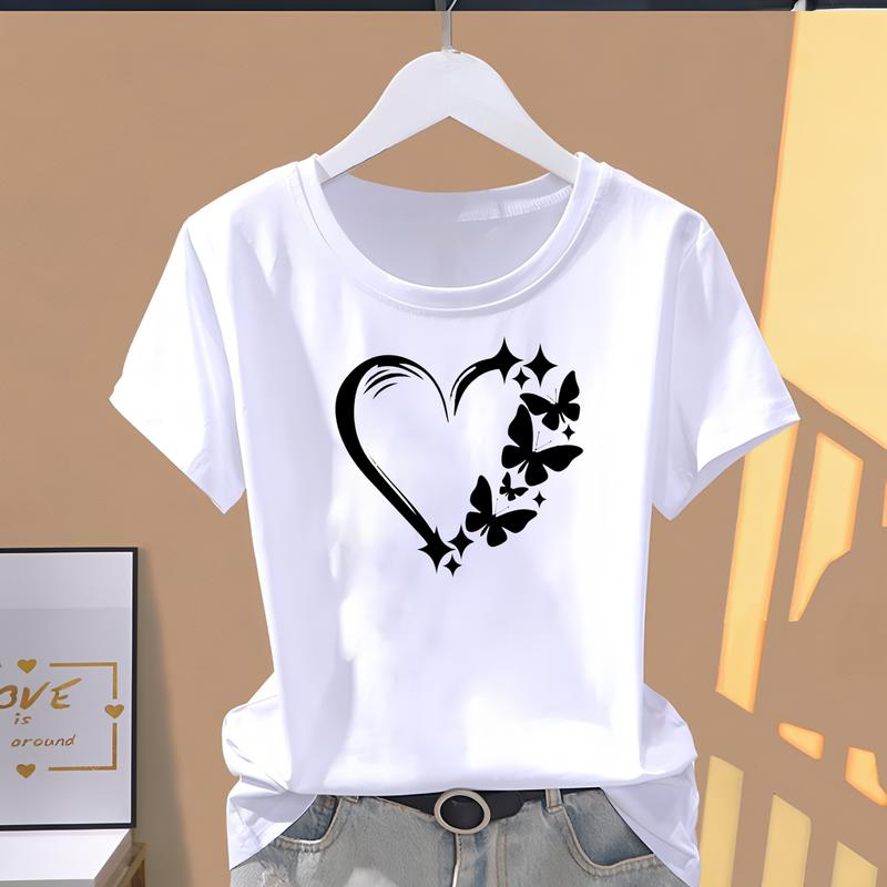 

Модная футболка с коротким рукавом и симпатичными рисунками, идеально подходящая для повседневного женского летнего образа. 5XL