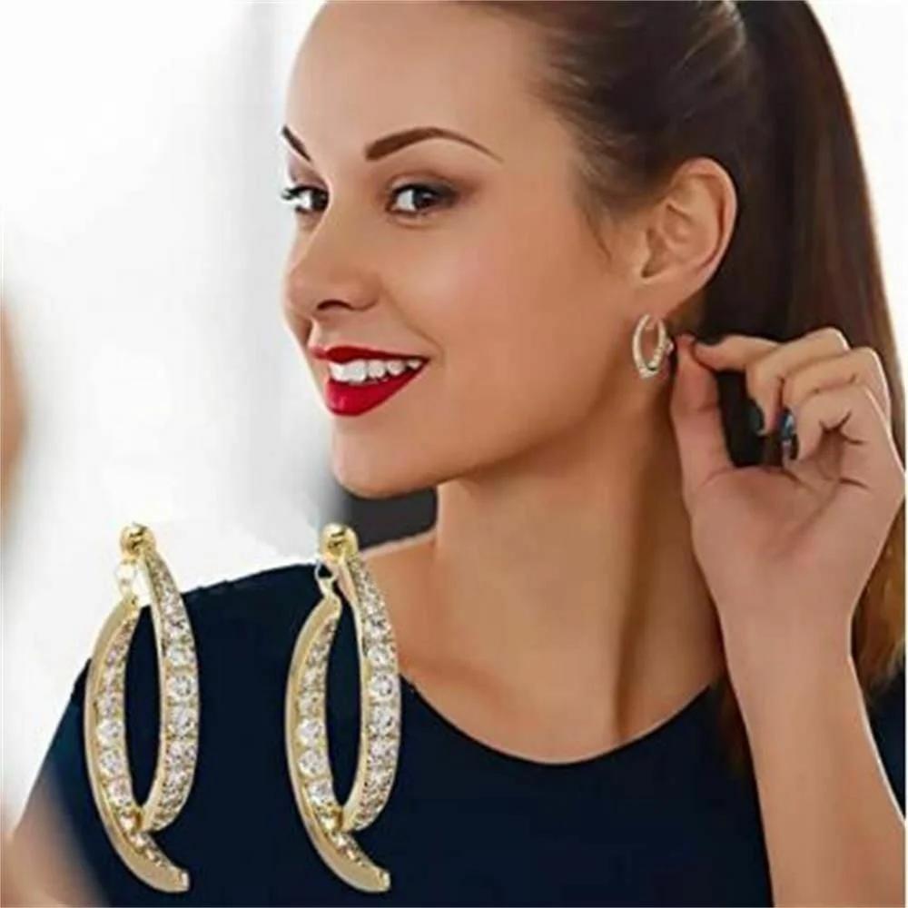 Fashion Korean Cross Curved Earrings 18k Gold Alloy Plated Curved Drop Earrings Zircon Jewelry Women's Gifts