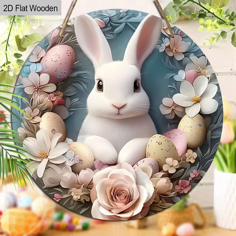 2D Flat 1pc Easter “Rabbit Flower” Logo Wooden Round Hanging Decoration, Spring Garden Balcony Ornament, Indoor/Outdoor Statue Wall Hanging, Country