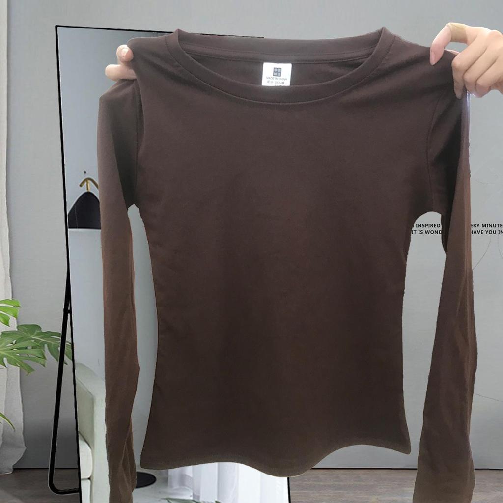 Women's Slim Fit Pure Cotton White Long-Sleeve T-Shirt, Round Neck, Regular Shoulder, Versatile Base Layer for Spring, Autumn, or Winter