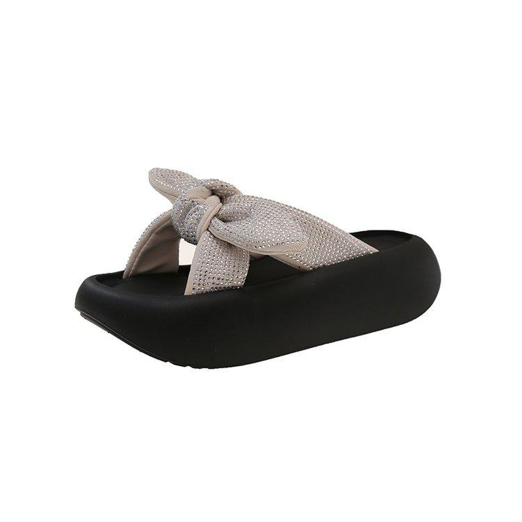 

Шлепанцы на толстой подошве с бантом для женщин 2025 летняя носка универсальные повседневные стразы для увеличения высоты сандалии для женщин 40 бежевый