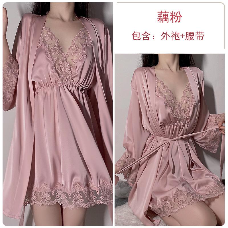 Bridal Morning Gown Sexy Satin Lace Suspender Nightdress Women's Long-sleeved Lace-up Nightgown Loungewear Set