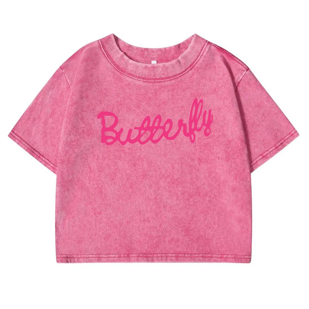 Pink Butterfly Art Letter Prints Washed T Shirt Women Summer Cool Tshirts Cotton Tee Clothes Retro Short Sleeve Female