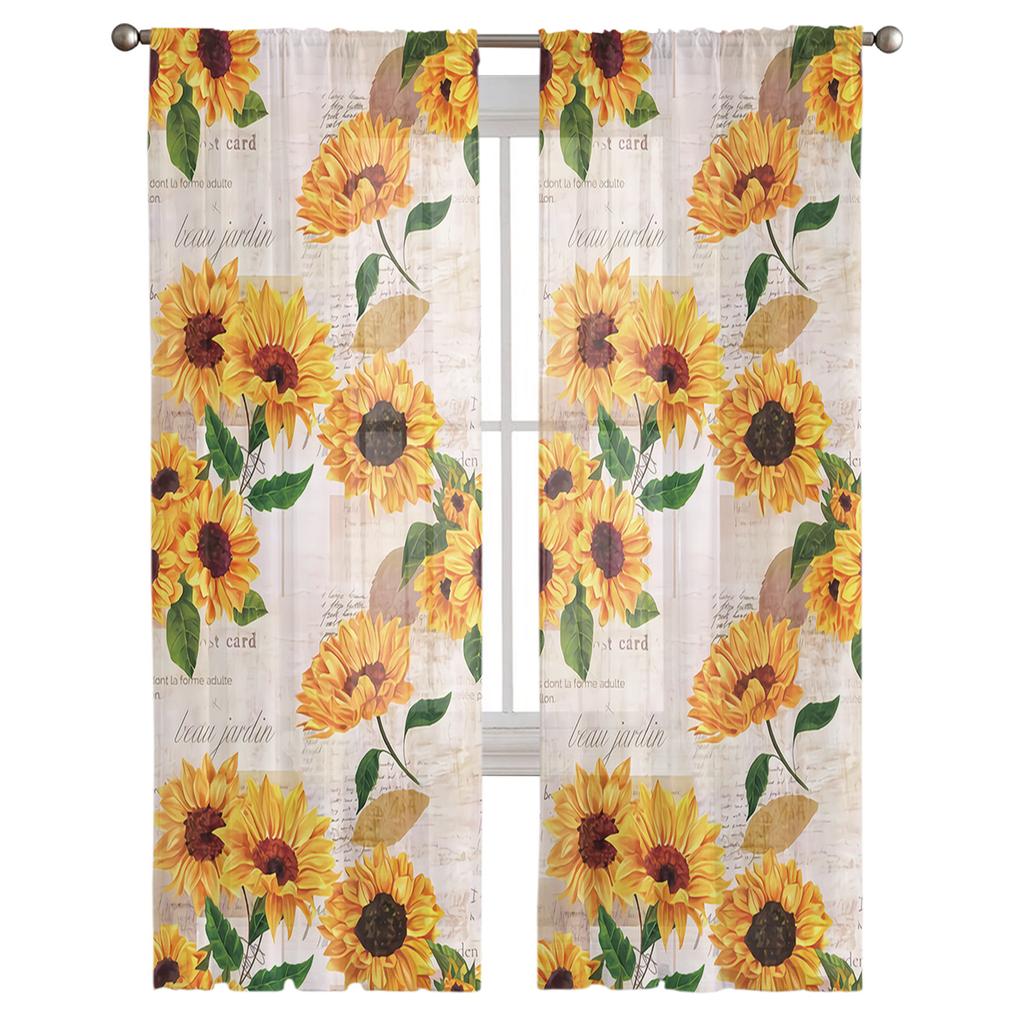 Sonnenblume Alter Zeitungshintergrund Tüll Transparent Fenstervorhänge für Wohnzimmer Küche Kinderzimmer Voile Hängevorhang