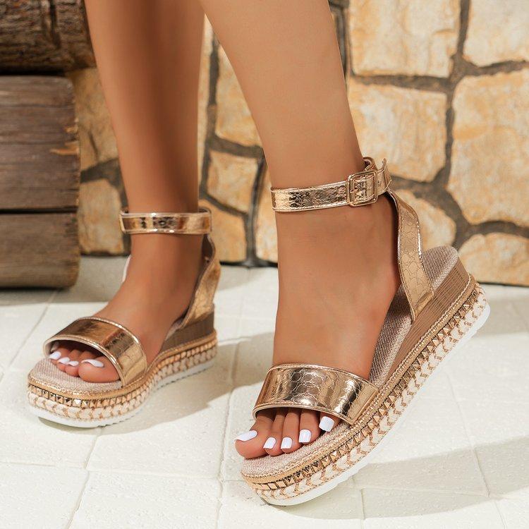 

Large size linen platform one-word sandals summer new hollow beach women s shoes 42 золотой