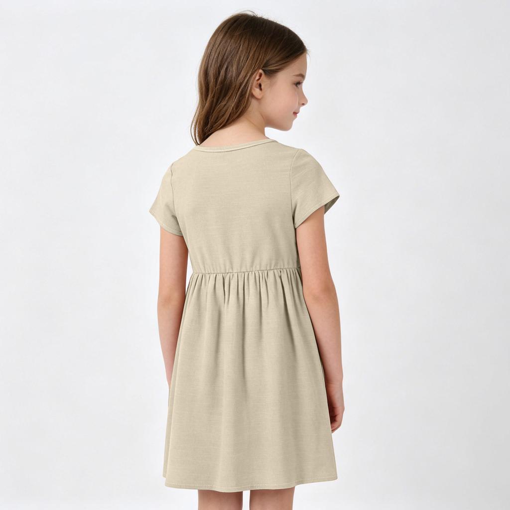 Girls Short Sleeve Dress Casual Loose Fit Breathable Cotton Linen Blend Summer Dress with Gathered Waist and Round Neck for Daily Wear
