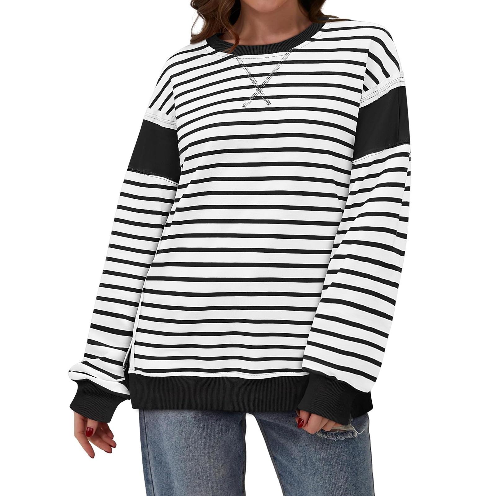 Большие толстовки для женщин свободного кроя с круглым вырезом в полоску с цветными — фото 4