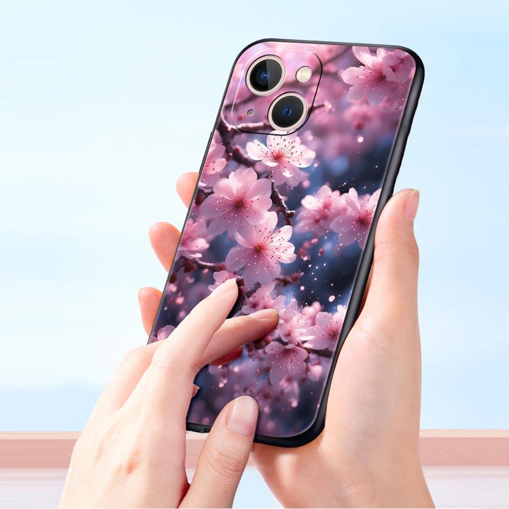 Kirschblüten Handyhülle Für iPhone 17 16 15 Pro Max 11 12 13 14 7 8 Plus SE 2020 X XR XS Hülle Weich Schwarz