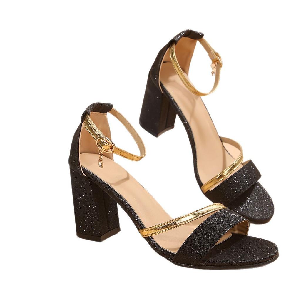 2025 Ny Sommar Elegant Högklack Tjock Klack Metall En-ordsspänne Mode Spänne Sandaler Mammaskor Kvinnor JQ