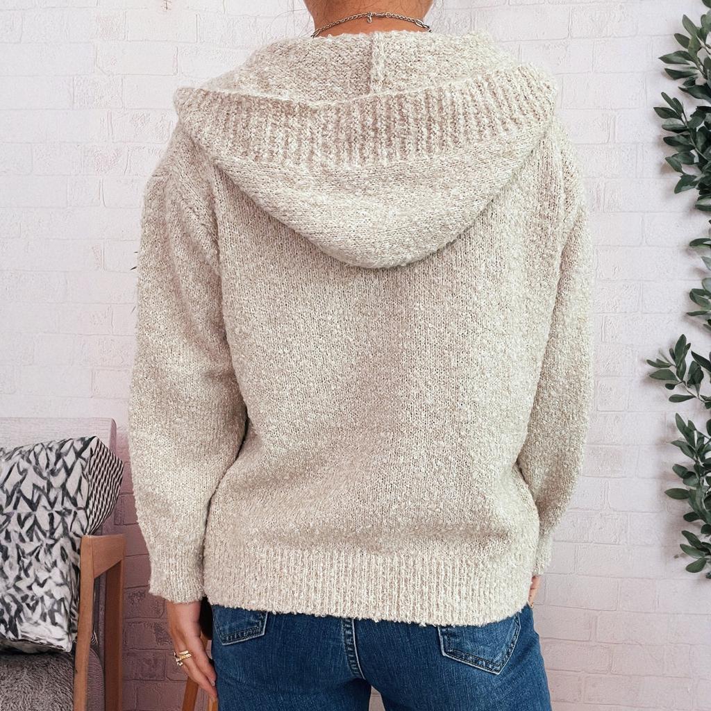 Women's Fashion Casual Thickened Hooded Single-Breasted Long-Sleeved Cardigan Button Knitted Sweater Jacket