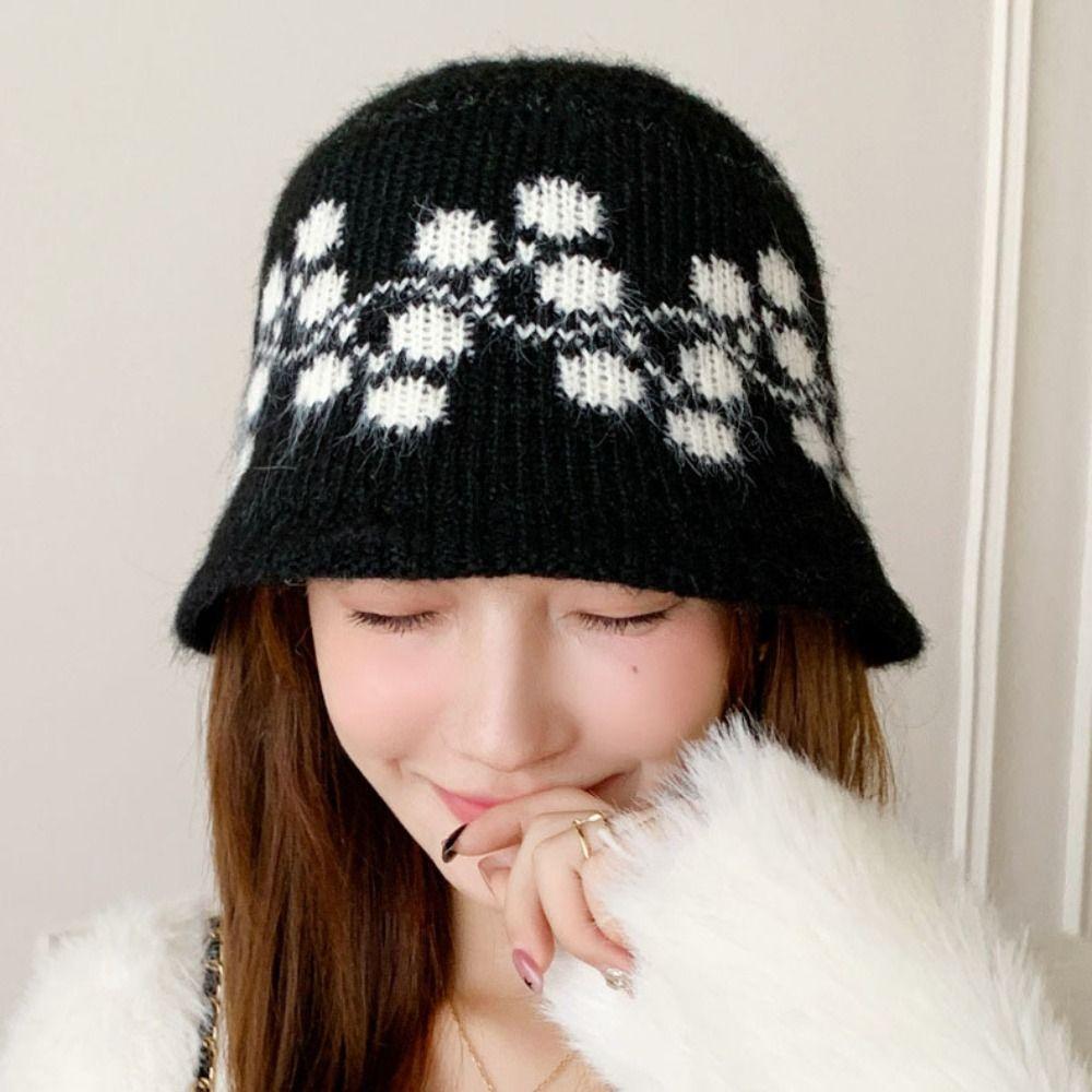 Ethnic Style Floral Knitted Bucket Hat Sweet Warm Fisherman Hat Autumn and Winter