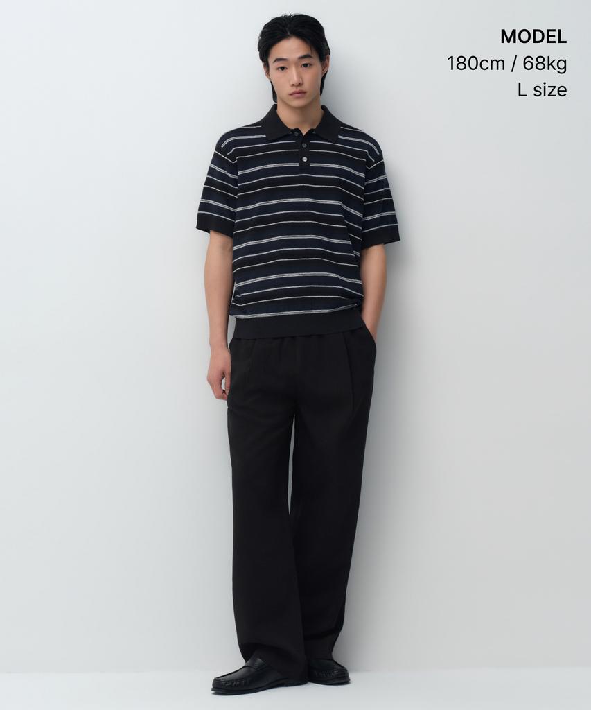 MUSINSA STANDARD Multi-Stripe Collared Short Sleeve Knit [Black]