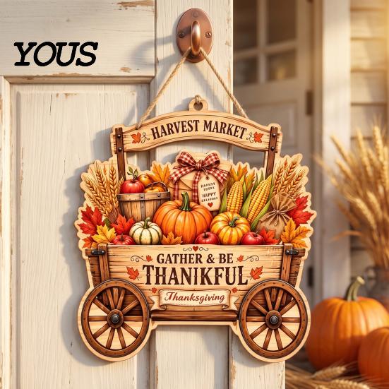 Indoor Outdoor Holiday Sign Thanksgiving Front Door Hanging Sign, Pumpkin Turkey Pattern Hanger, Autumn Ornament Harvest Wall for Farmhouse Porch Home