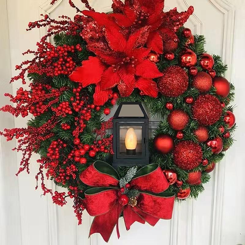 Large Artificial Lighted Christmas Wreath With Bow Ribbon Xmas Ball For Front Door Decor