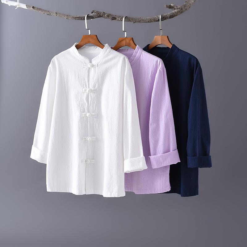 2026 Spring Women's Chinese Retro Linen Stand Collar Shirt with Frog Buttons for Tea Ceremony, Meditation, Zen & Tai Chi Exercise