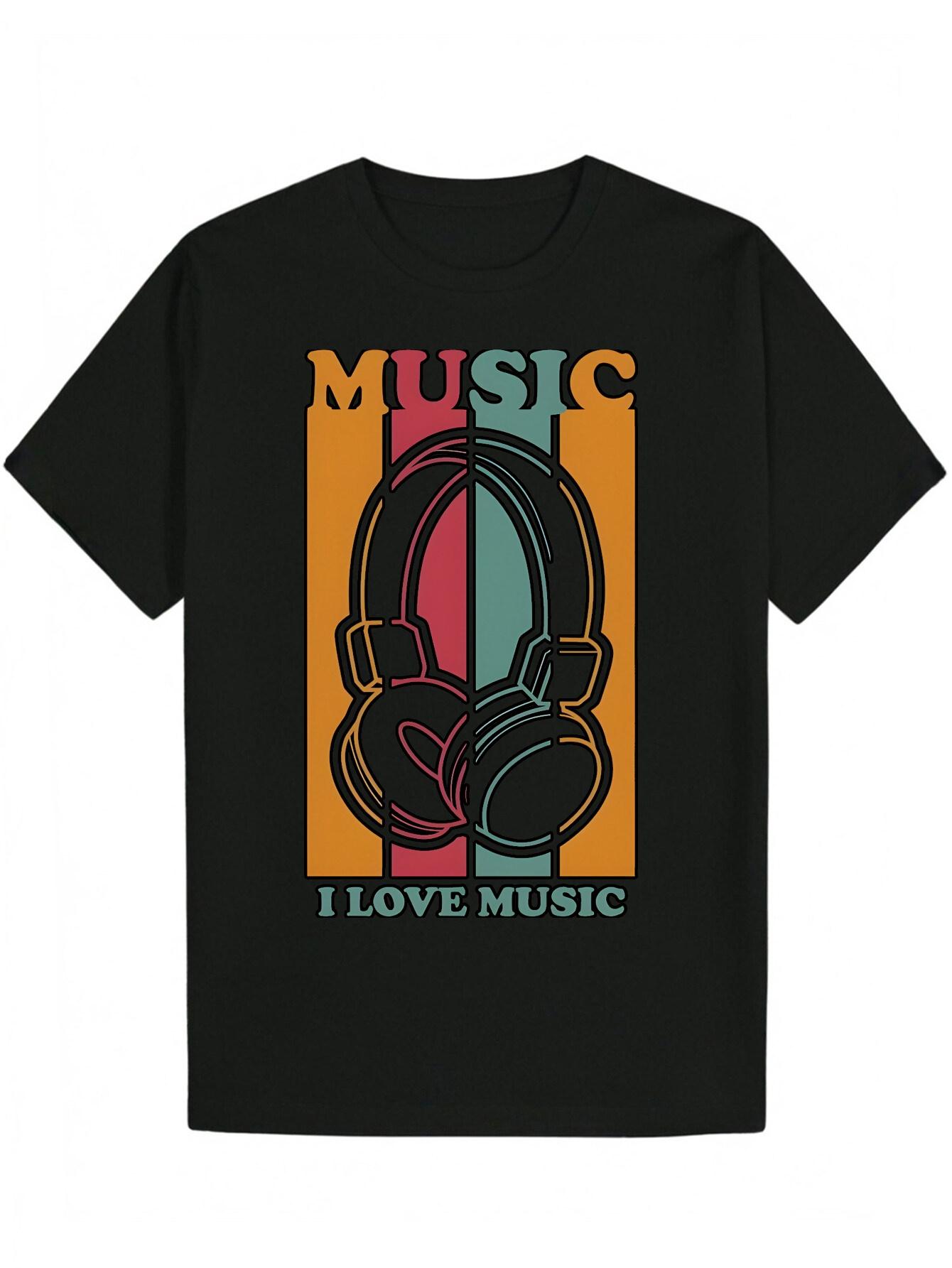 Music Lover Graphic T-shirt - BLACK Tee with Headphones Design S