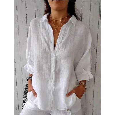 Casual 3/4 Sleeve Polo Neck Blouse In Solid White for Spring/Fall