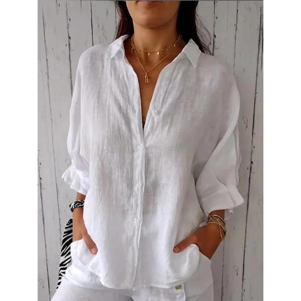 Blusa casual a maniche 3/4 con collo polo in bianco unito per primavera/autunno