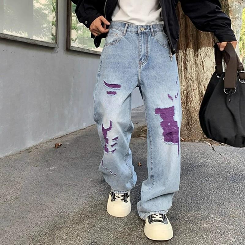 Mens Vintage Loose Straight Leg Jeans Ripped Streetwear Style Casual Denim Pants Teens