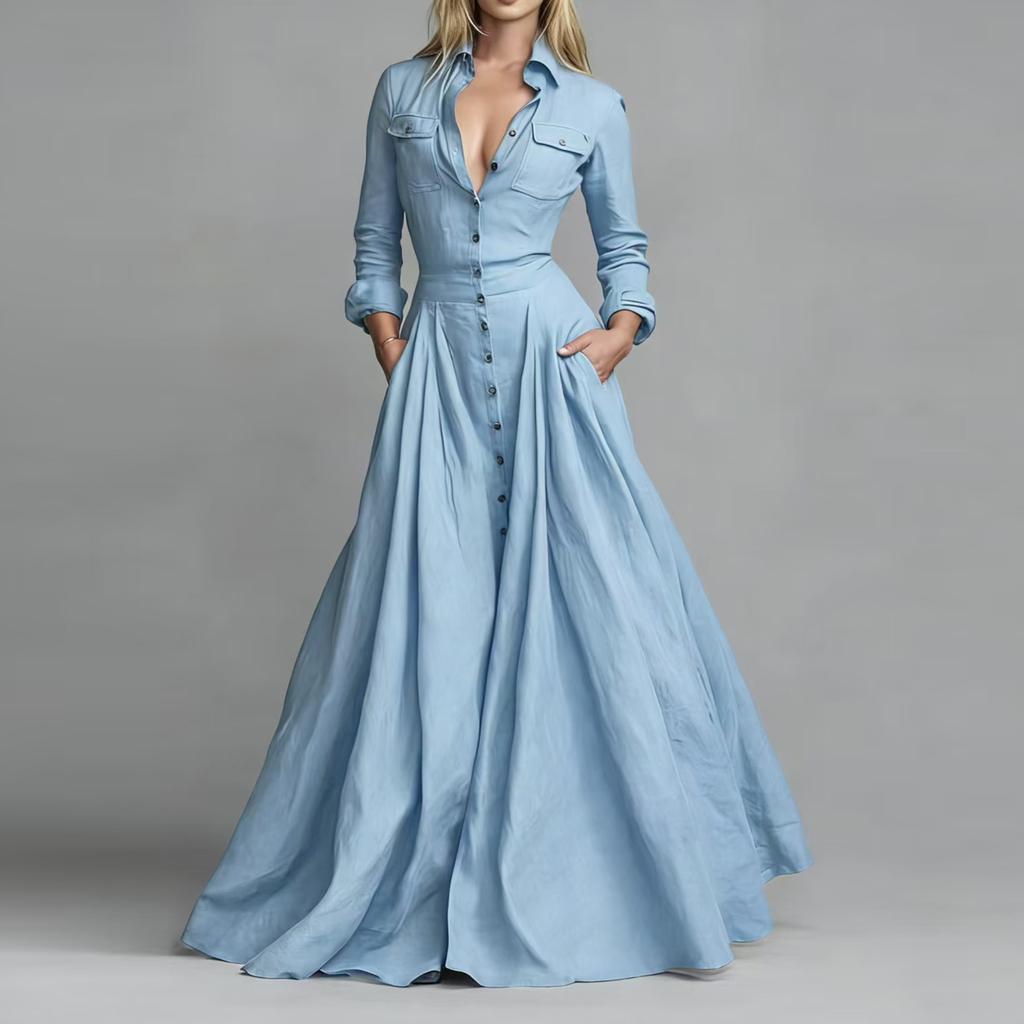 Women Long Sleeve Shirt Dress High Waist Flared Maxi Dress Button Down Front Collared Casual Dress with Pockets
